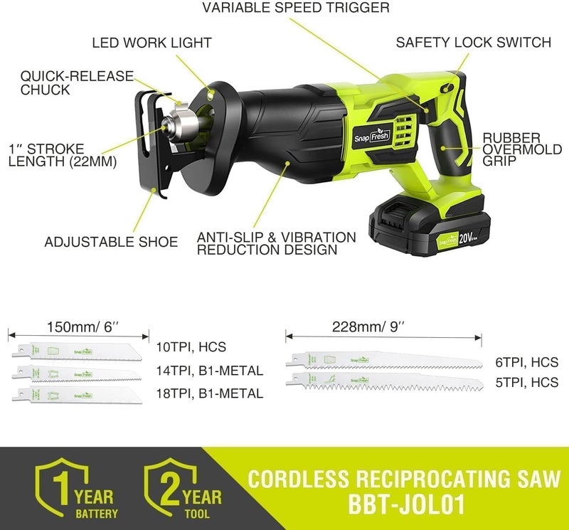 SnapFresh 20V Cordless Reciprocating Saw –3000 SPM, Variable Speed Trigger, Tool-Free Blade Change, LED Light, Lightweight & Compact for Wood, Metal, Plastic, 2.0Ah Battery & Fast Charger Included - Image 3